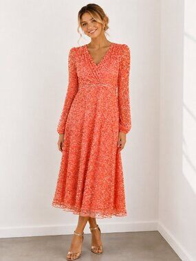 Mac Duggal Size 10 Coral Sequin Beaded Midi Dress Long Sleeve Occasion Dress